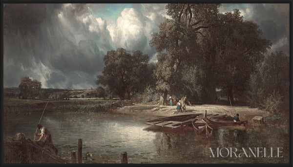 Riverside Scene Painting showing fishermen by a tranquil river under a dramatic sky.