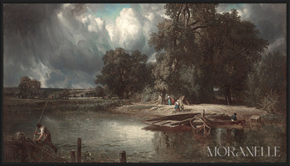 Riverside Scene Painting showing fishermen by a tranquil river under a dramatic sky.