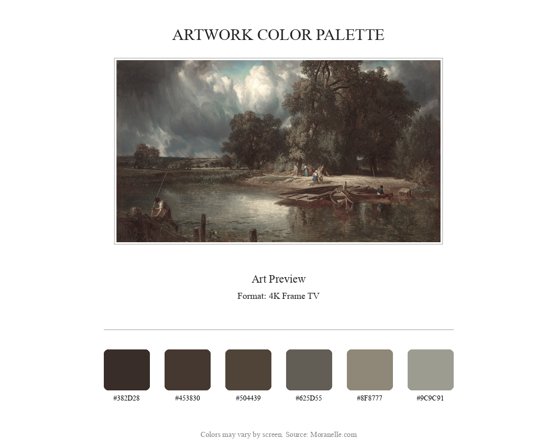 Color palette featuring green, blue, and brown tones from the riverside scene.