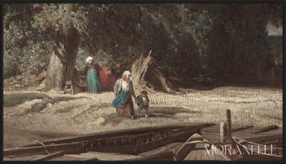 Riverside Scene Painting showing figures details walking by a river.