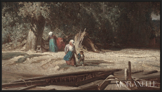 Riverside Scene Painting showing figures details walking by a river.