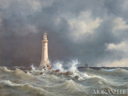 Lighthouse on a rocky shore with rough seas and dark clouds, signed 'Moranelle'.