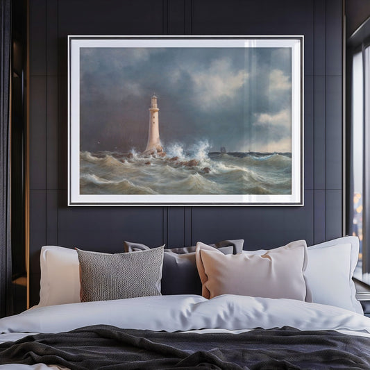 Framed painting of a lighthouse on a stormy sea above a bed with pillows.