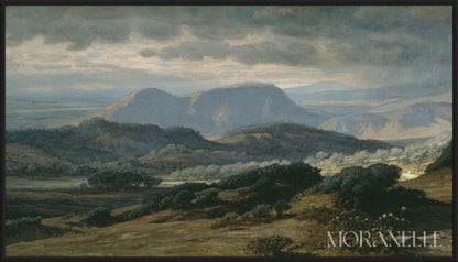 Dramatic Landscape Painting featuring rolling hills and a moody sky.
