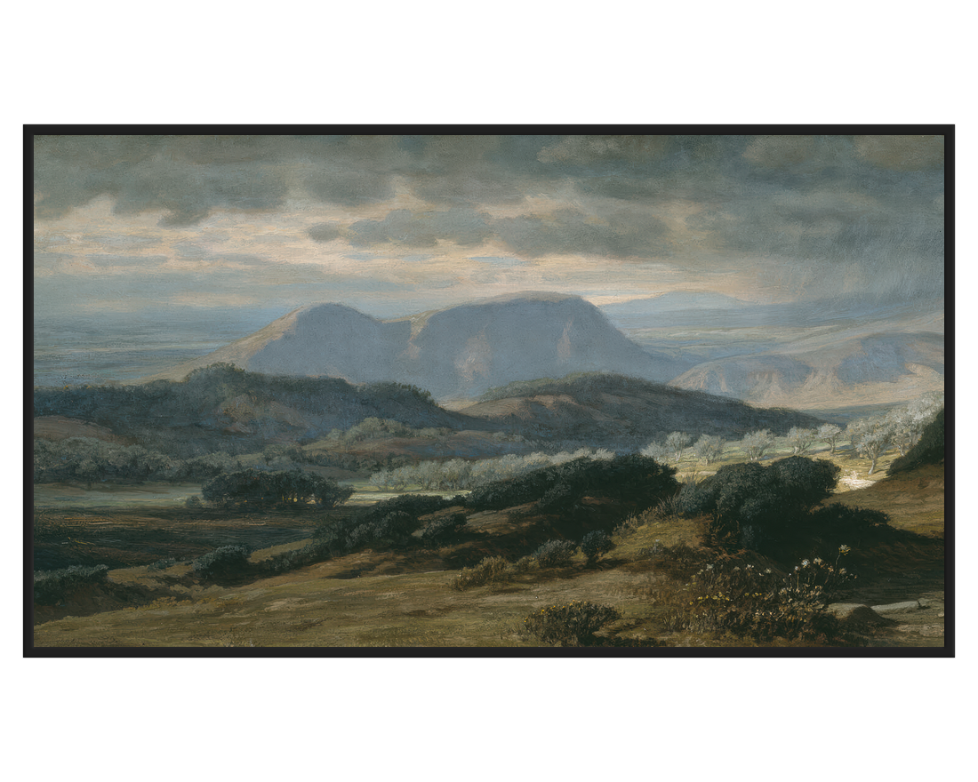 Dramatic Landscape Painting featuring rolling hills and a moody sky.
