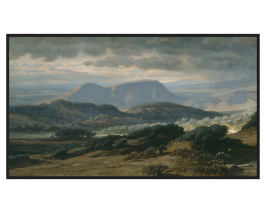 Dramatic Landscape Painting featuring rolling hills and a moody sky.