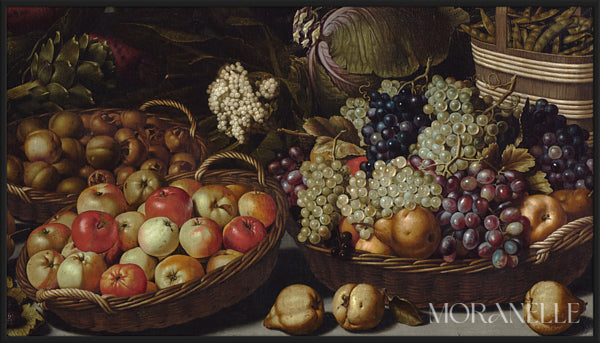 Floris van Schooten, Still life with fruits and vegetables with Christ in Emmaus – full painting reproduction, digital download for Samsung Frame TV.
