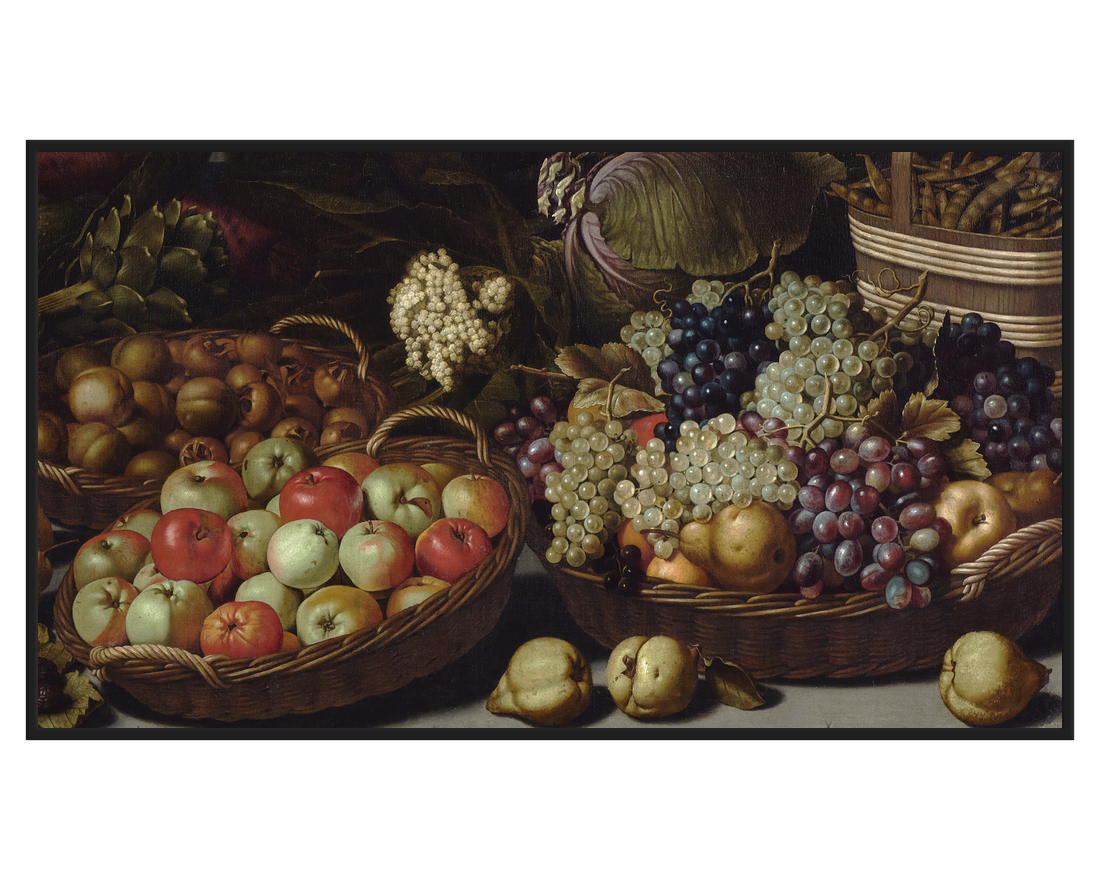 Floris van Schooten, Still life with fruits and vegetables with Christ in Emmaus – full painting reproduction, digital download for Samsung Frame TV.
