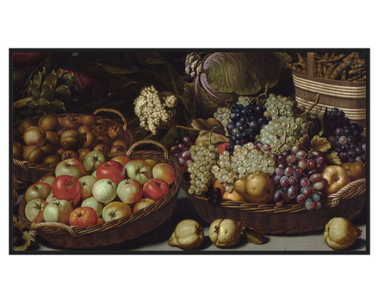 Floris van Schooten, Still life with fruits and vegetables with Christ in Emmaus – full painting reproduction, digital download for Samsung Frame TV.
