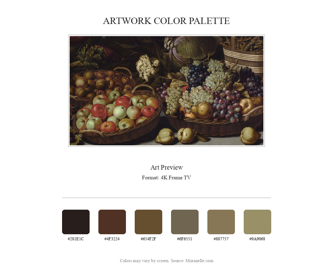 Floris van Schooten, Still life with fruits and vegetables with Christ in Emmaus – curated color palette inspired by the original artwork, ideal for home decor coordination.