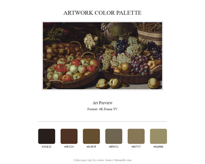Floris van Schooten, Still life with fruits and vegetables with Christ in Emmaus – curated color palette inspired by the original artwork, ideal for home decor coordination.