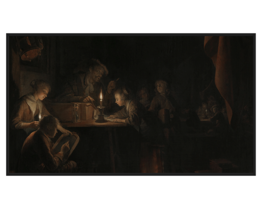 Gérard Dou, L'École de nuit – full painting reproduction, digital download for Samsung Frame TV.