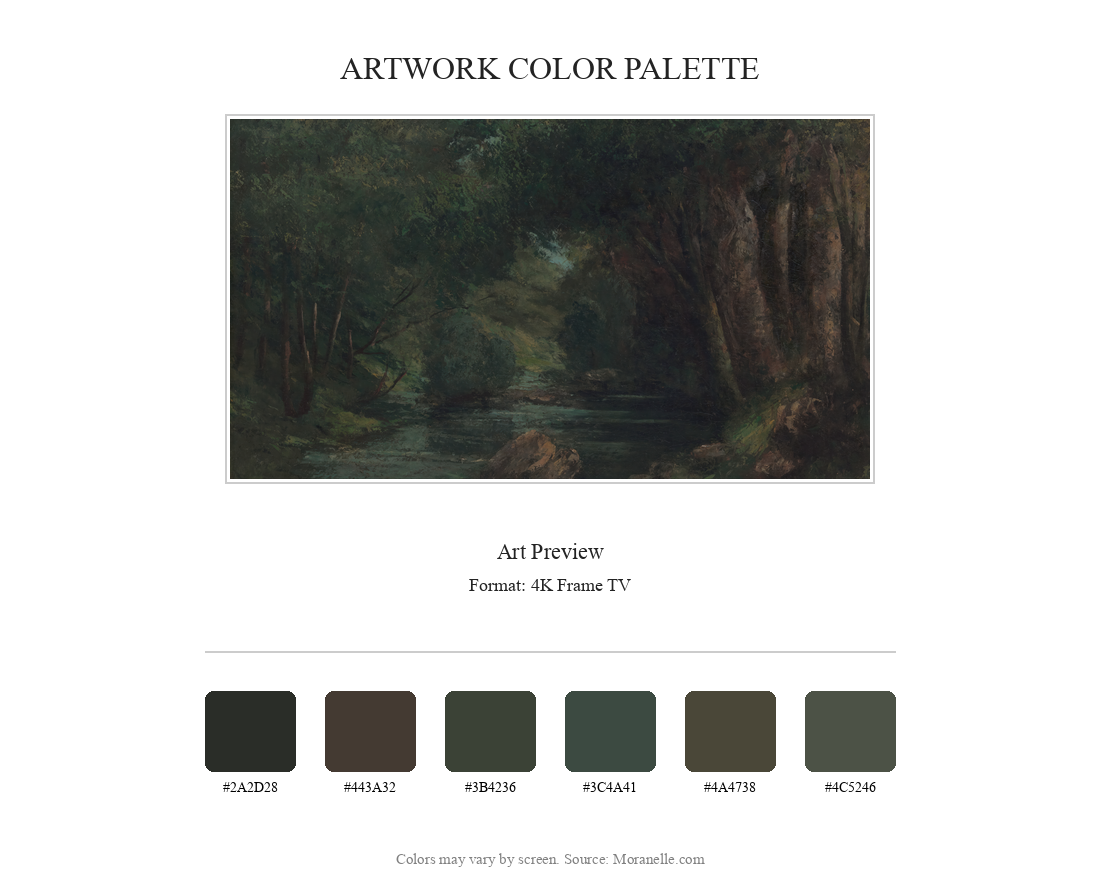 Gustave Courbet, Un Ruisseau dans la Forêt – curated color palette inspired by the original artwork, ideal for home decor coordination.