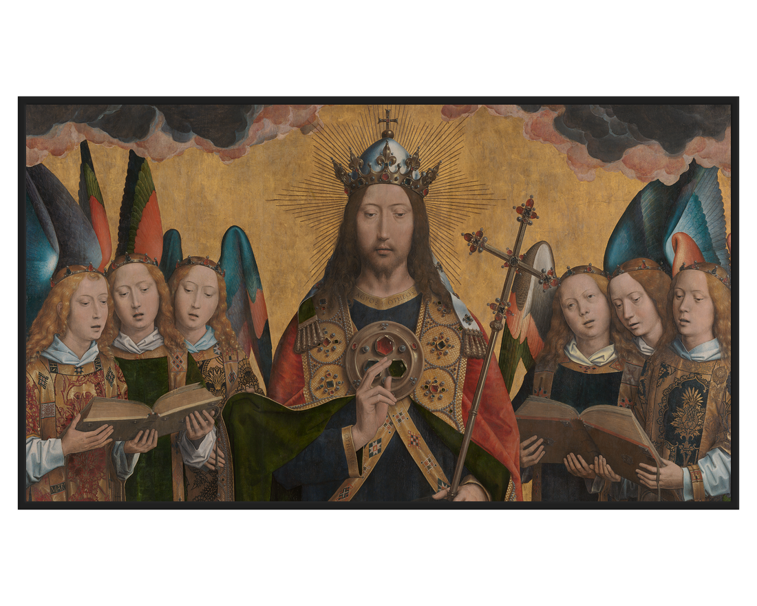 Hans Memling, Christus met zingende en musicerende engelen – full painting reproduction, digital download for Samsung Frame TV.