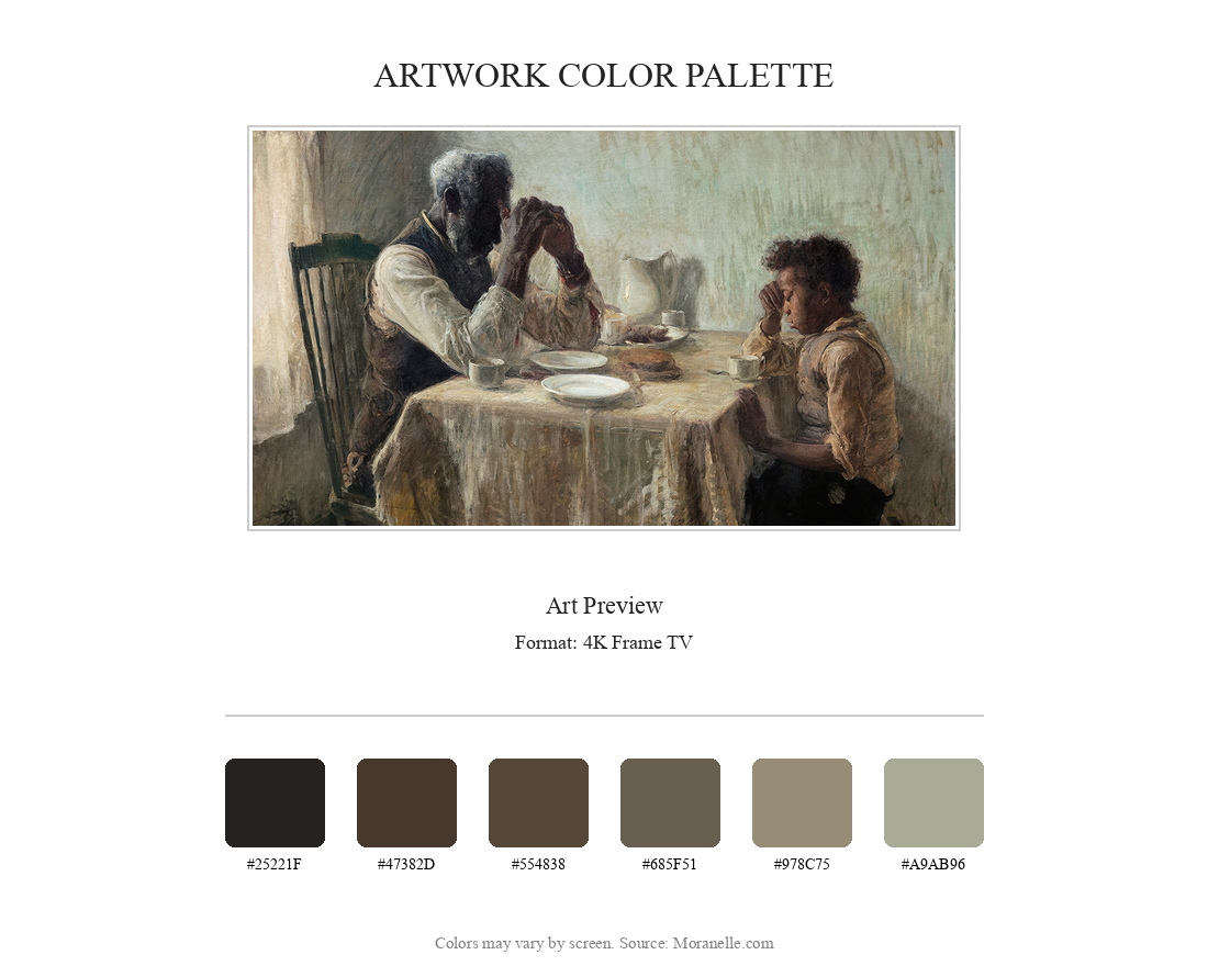 Henry Ossawa Tanner, The Thankful Poor - curated color palette inspired by the original artwork, ideal for home decor coordination.