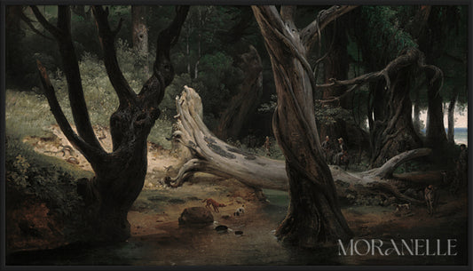 Forest Scene Painting featuring twisted trees and a tranquil stream in a lush setting.