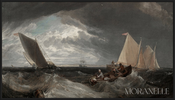 J. M. W. Turner The Junction of the Thames and Medway Painting showing boats navigating rough waters under dark clouds.