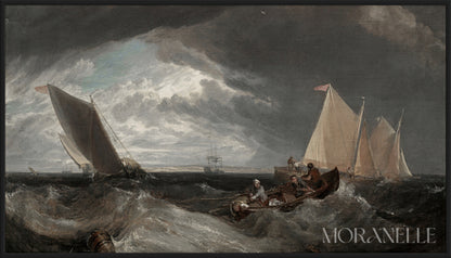 J. M. W. Turner The Junction of the Thames and Medway Painting showing boats navigating rough waters under dark clouds.