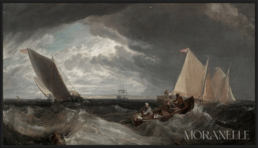 J. M. W. Turner The Junction of the Thames and Medway Painting showing boats navigating rough waters under dark clouds.