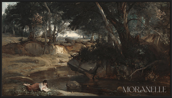 Reading by the Stream, a girl reading beside a calm stream in a lush forest.