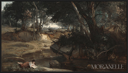 Reading by the Stream, a girl reading beside a calm stream in a lush forest.