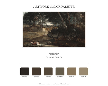 Color palette featuring deep greens, soft browns, and hints of light blue.