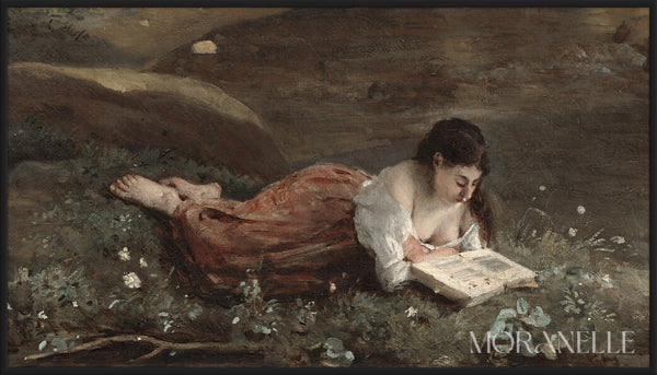 Reading by the Stream, a girl reading beside a calm stream in a lush forest. Close-up detail of the artwork with visible surface texture, small features, and clean contours.