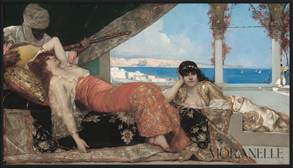 Jean-Joseph Benjamin-Constant Favorite of the Emir Painting featuring two women lounging with a musician in the background.