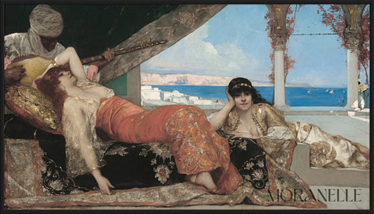 Jean-Joseph Benjamin-Constant Favorite of the Emir Painting featuring two women lounging with a musician in the background.