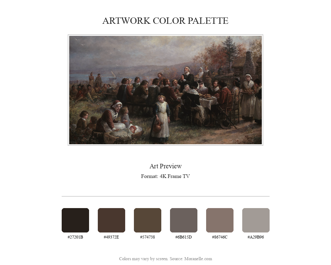 Jennie Augusta Brownscombe-Thanksgiving at Plymouth - curated color palette inspired by the original artwork, ideal for home decor coordination.