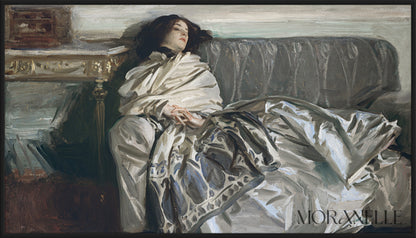 Resting Woman Painting featuring a serene woman on a couch wrapped in a blanket.