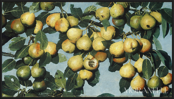 Pear Tree Painting featuring ripe pears and lush green leaves against a blue background.