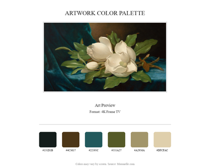 Martin Johnson Heade Magnolias on a Blue Velvet Cloth - curated color palette inspired by the original artwork, ideal for home decor coordination.