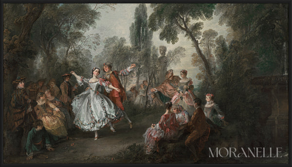 Dance in the Garden painting featuring figures dancing in a lush garden setting.