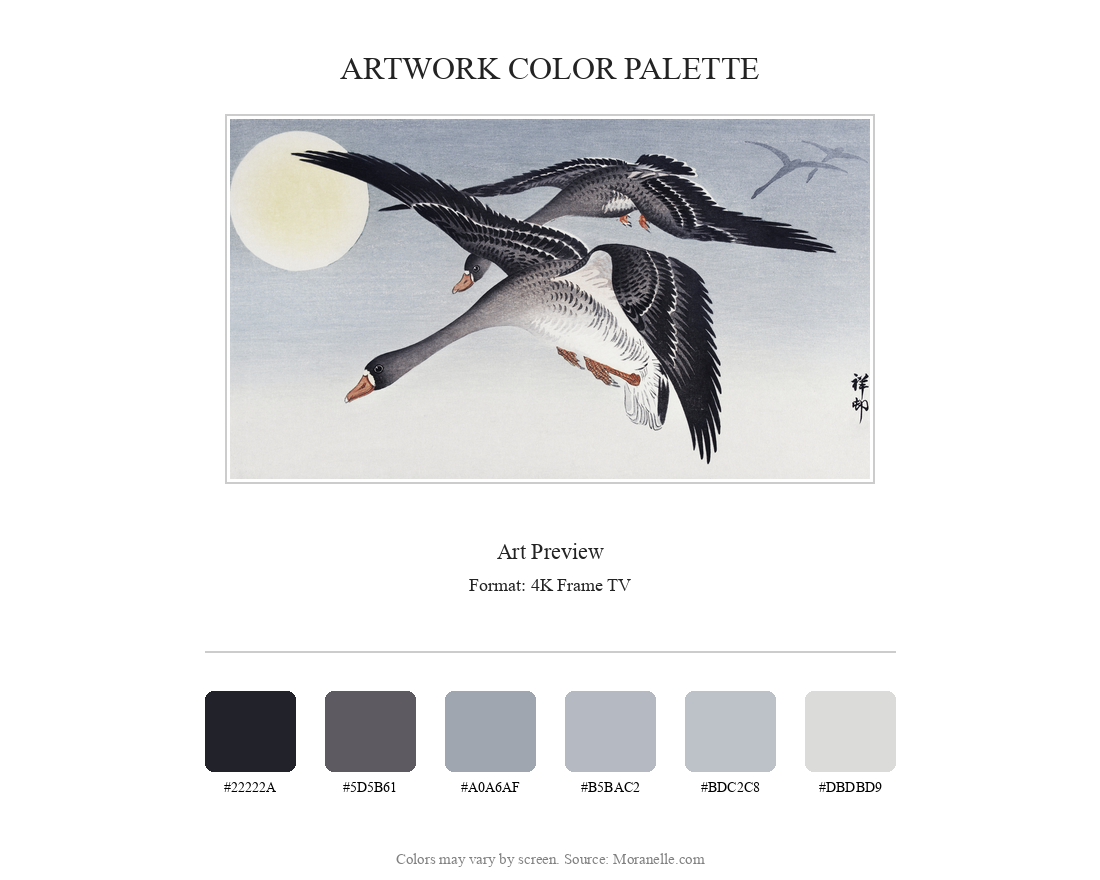 Ohara Koson, Geese at Full Moon – curated color palette inspired by the original artwork, ideal for home decor coordination.