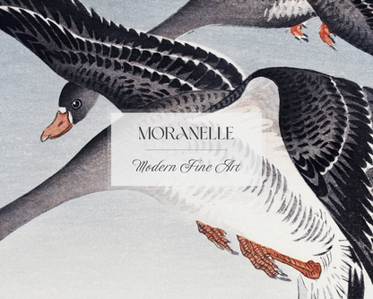 Ohara Koson, Geese at Full Moon – close-up view highlighting texture, brushwork, and fine details of the painting.