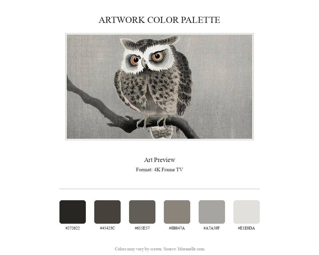 Ohara Koson Long-eared Owl on Bare Tree Branch - curated color palette inspired by the original artwork, ideal for home decor coordination.