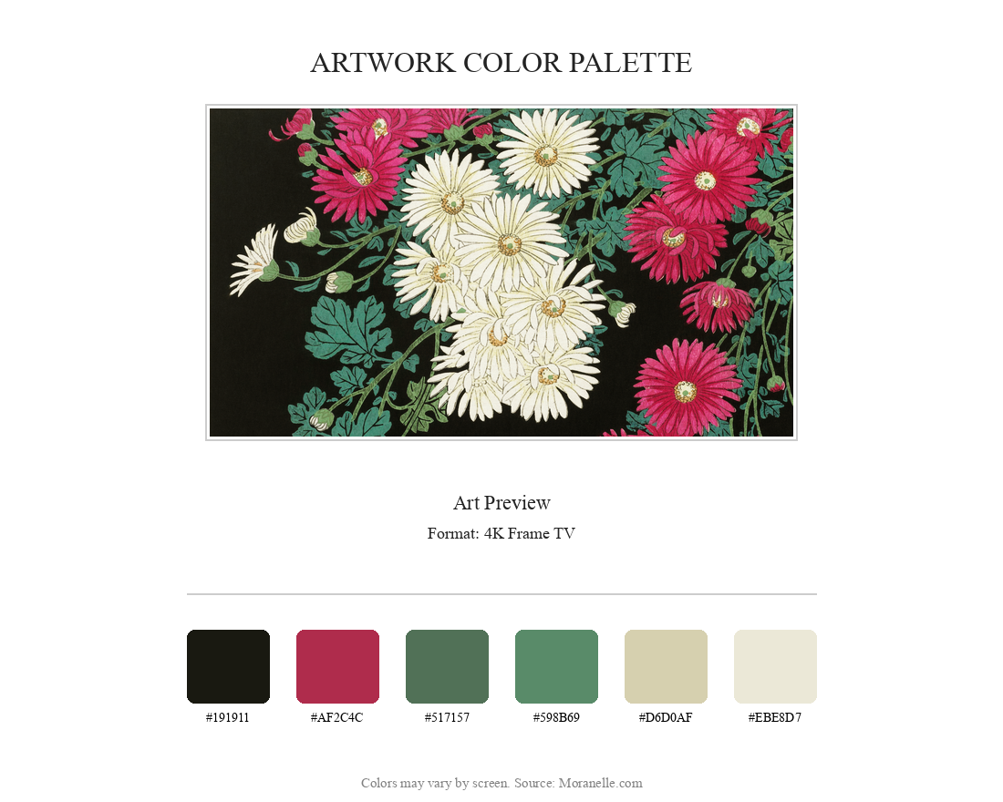 Ohara Koson, Running Water and Chrysanthemums - curated color palette inspired by the original artwork, ideal for home decor coordination.