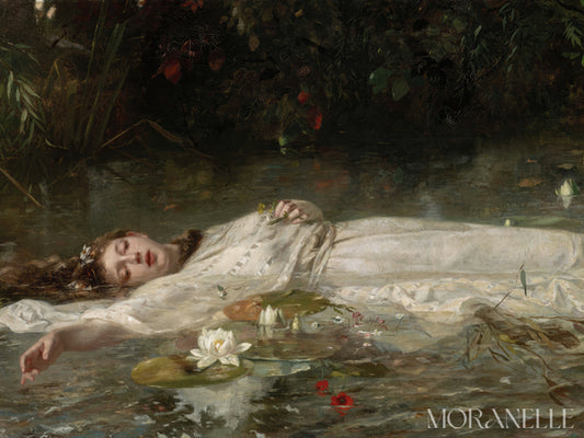 Painting of a woman lying on water with lilies, surrounded by nature.