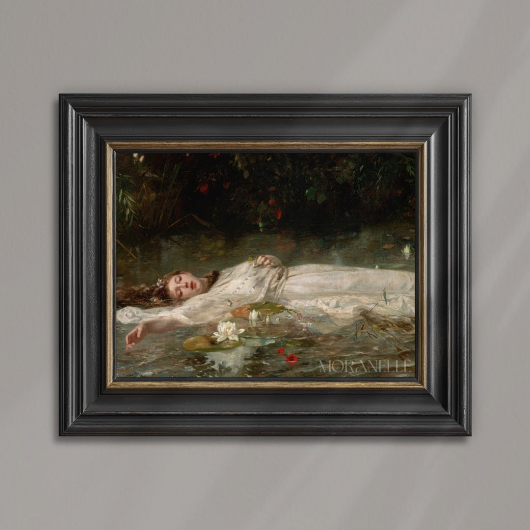 Painting of a woman lying on water with lilies, surrounded by nature.