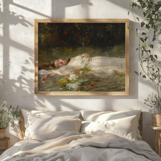 Framed painting of a woman lying on water above a bed with white bedding.