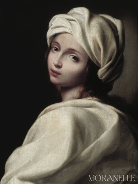 Portrait of Beatrice Cenci by Ginevra Cantofoli with a white headscarf and shawl.
