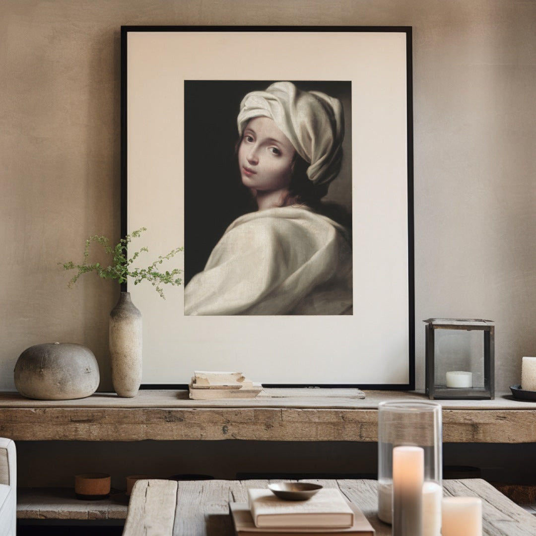 Framed portrait of a woman with a turban on a wall above a wooden console table.