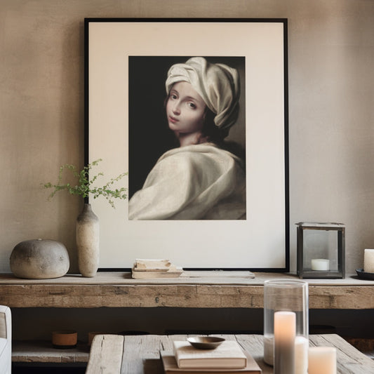 Framed portrait of a woman with a turban on a wall above a wooden console table.