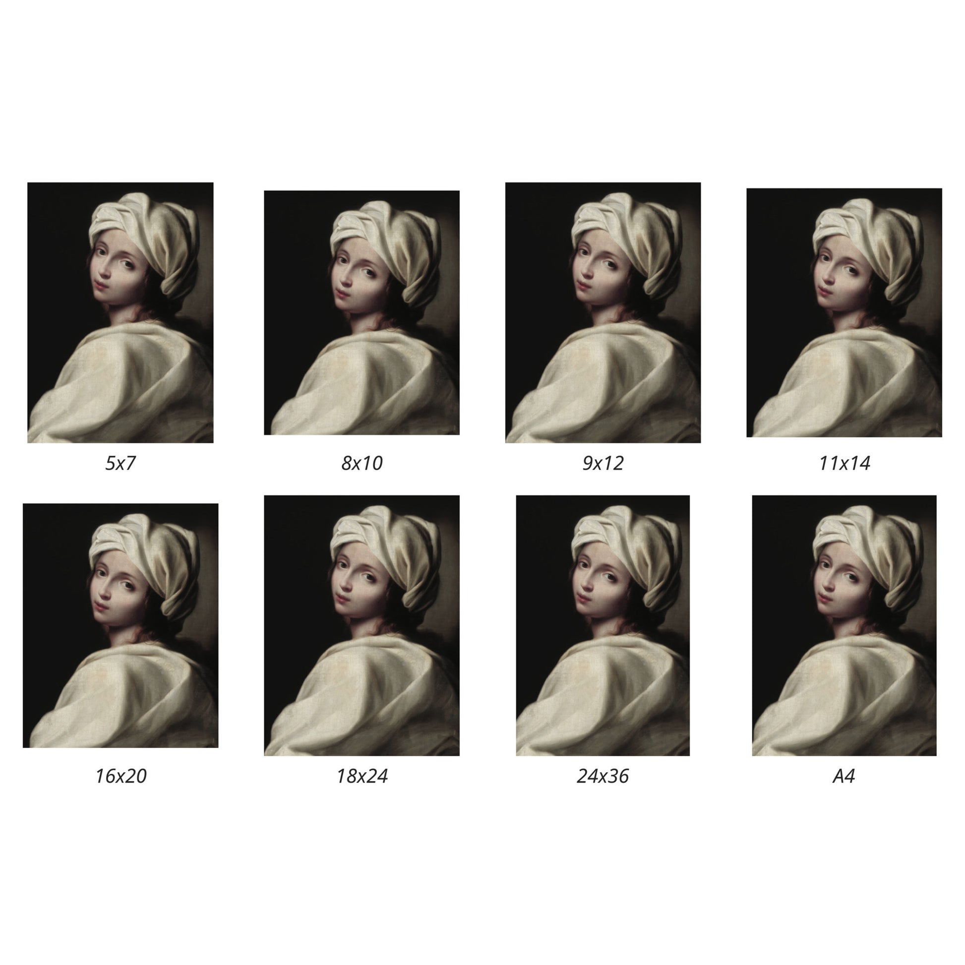 Set of portrait images of the Portrait of Beatrice Cenci by Ginevra Cantofoli with different sizes displayed on a white background