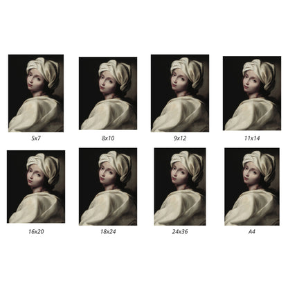 Set of portrait images of the Portrait of Beatrice Cenci by Ginevra Cantofoli with different sizes displayed on a white background