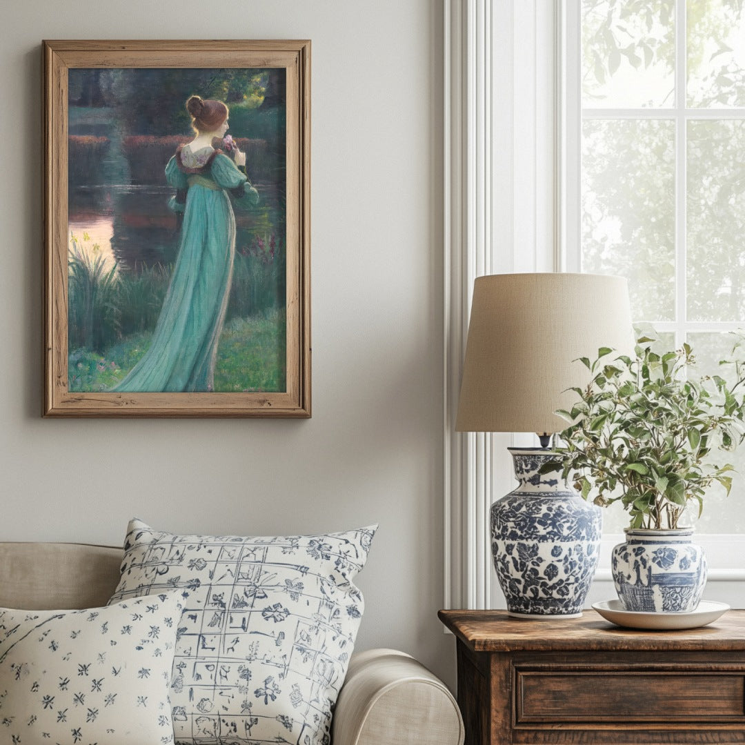 Living room with a painting of a woman in a teal dress, a lamp, and decorative vases.