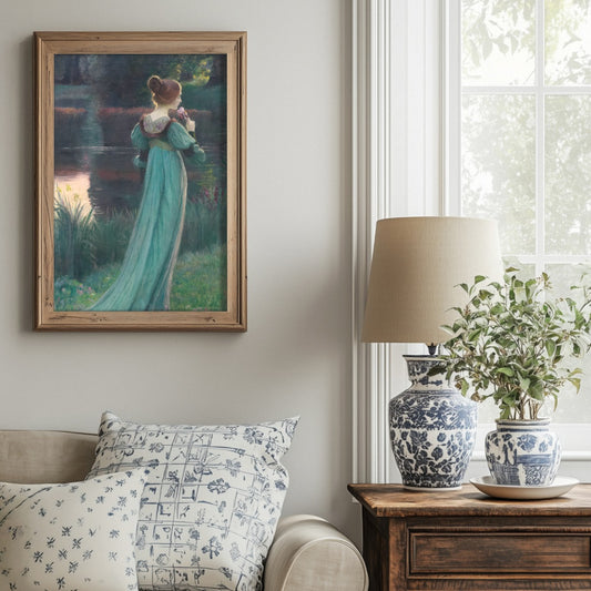 Living room with a painting of a woman in a teal dress, a lamp, and decorative vases.