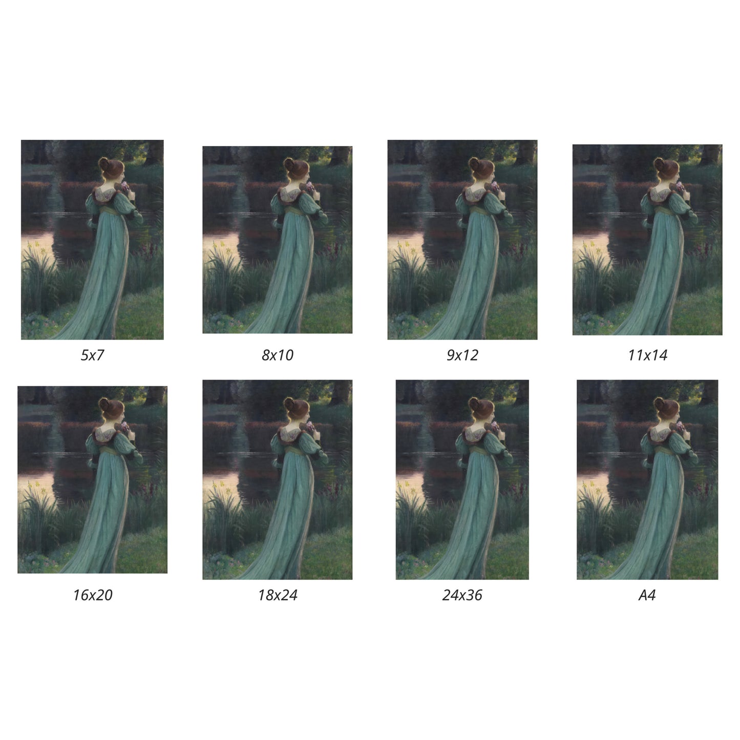 Set of images showing a woman in a green dress by a lake with different size options displayed below.