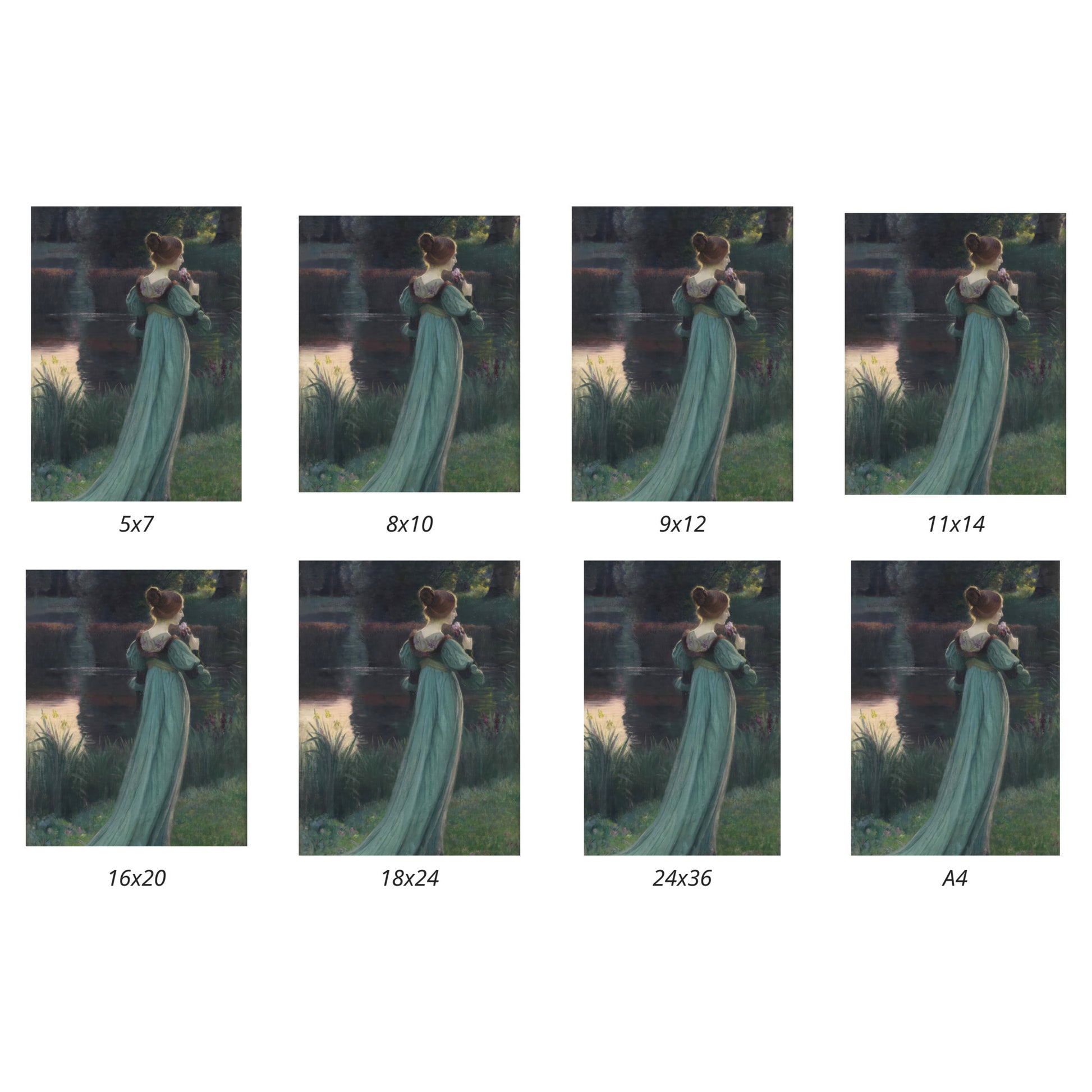 Set of images showing a woman in a green dress by a lake with different size options displayed below.